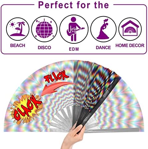OMyTea UV Glow Rave Fan Folding за жени/Мъже/Травестит - Голям Фестивал Сгъваем ръчен Фен Clack - за EDM, Музикален