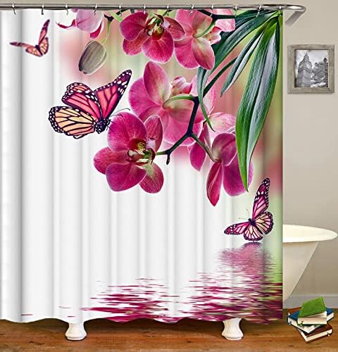 Завеса за душ с природни Гледки Shocur, Розово-Червено Цвете Орхидея и Пеперуда, Водата на езерото Дзен Стил
