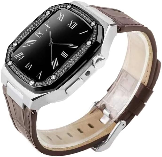 CNHKAU Каишка от естествена кожа с диаманти за Apple Watch 6 5 4 SE 44 мм за iwatch 7 45 мм Луксозен комплект