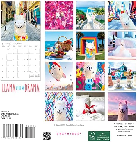 Мини-Стенен календар Graphique 2024 Лама без драма | 7 x 7 | Плътна хартия | Органайзер за дома и офиса | Голяма месечна окото