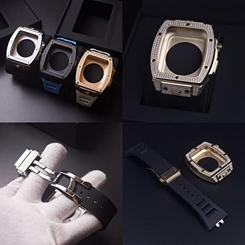 CNHKAU Луксозен комплект промяна на каишка за часовник с диаманти за Apple Watch Band Case 7 45 мм Метална каишка от каучук