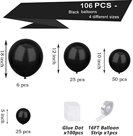 Набор от гирлянди от черни балони, 106 бр., черни балони с Различни размери, опаковка 18/12/10/5 инча, Черни Латексови