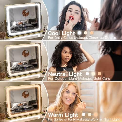 Тоалетен огледало BARMI с подсветка, Led огледало с регулируема яркост на осветлението 22 x 19, 3 режима на Цветното осветление, Десктоп Тоалетен Огледало за грим Smart Touch Cont
