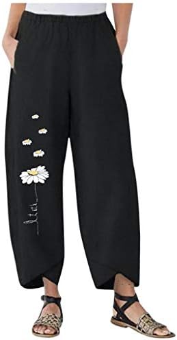 Памук бельо, панталони за жени широк памук Дейзи кръста, ленени панталони свободни печат мода ежедневни еластична