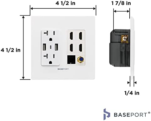 Стенни изход BASEPORT Premium Media Outlet - Стенни изход USB 6,3 A, 2 A USB 2.0 + 1 C USB 3.0, двоен изход за захранване 15A,