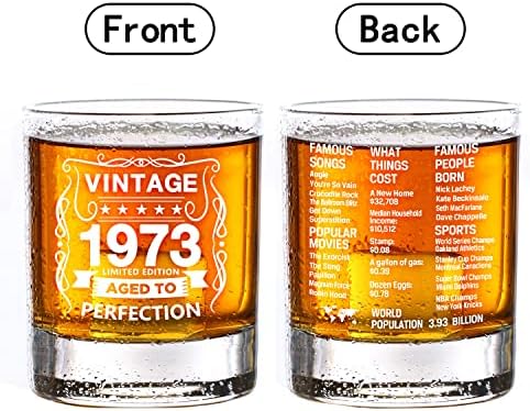 Старомодни чаши 1973-Реколта 1973 информация за стария време 10,25 грама Уиски с лед Чаша -50-годишнина, Отлежало до съвършенство