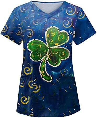 Дамски Блузи на Деня на Св. Патрик, Работната Униформа и с Къс ръкав, Блуза с V-образно деколте, Свободна Зелени работни Дрехи с Джобове