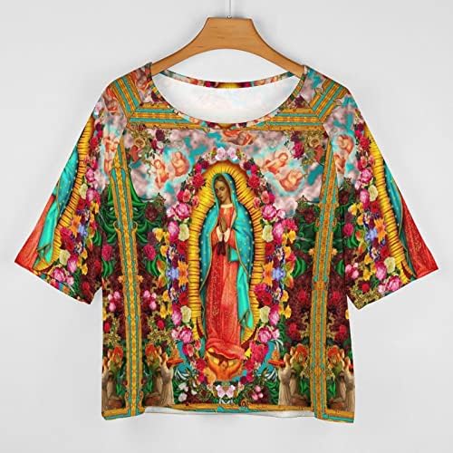 Женска тениска с пълна принтом Our Lady of Guadalupe Virgin Mary, Свободна Тениска със Средни ръкави и открити деколтета,