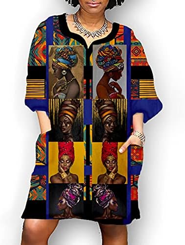 Модно рокля в африканския стил, реколта рокли с принтом за жени, на средния ръкав, V-образно деколте, ежедневното свободно