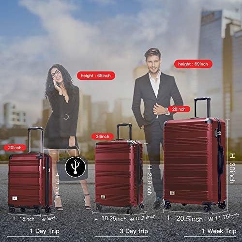 Комплект за багаж Verdi от 3 теми - Лек, с USB порт, преносим куфар на твърда страна - Включва 20-инчов салонен багаж, с