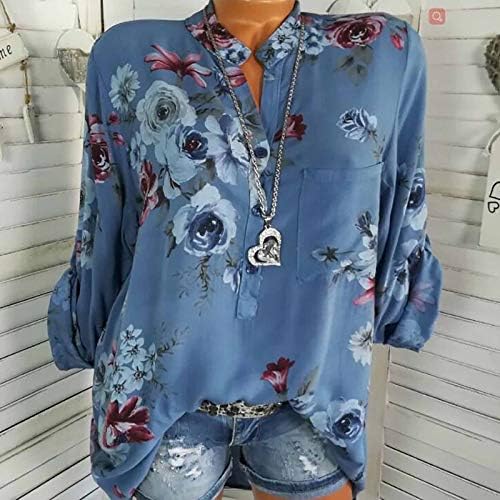 Дамски Блузи с дълъг ръкав и Принтом, Модни и Ежедневни Тениска с Флорални Принтом В Горната Пуговице с V-Образно деколте и