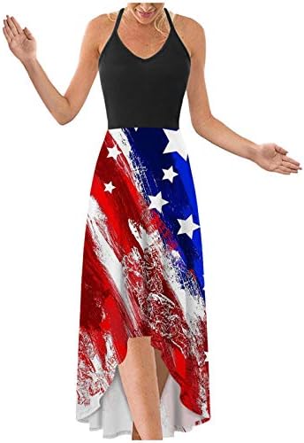 На 4 юли, Макси Рокли за Жени, Лятно Ежедневна Рокля в стил Бохо, Флаг на САЩ, С Кръгло деколте, В Бретелях, Без Ръкави,