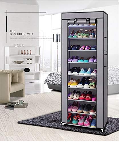 WANGLUKANG Компактен, Лесен шкаф за обувки с 10 слоя и 9 мрежи Стойка за обувки от нетъкан текстил в черен цвят,
