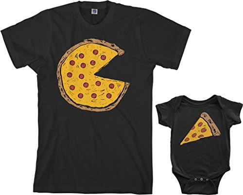 Комплект за детско боди Threadrock Pizza Pie & Slice и мъжки тениски в тон (за деца: 12 м, черен | За мъже: XL, черен)
