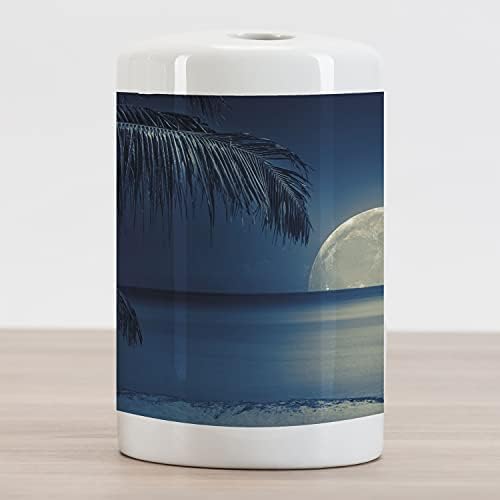 Керамични държач за четка за зъби Ambesonne Moon, Изображение на Пълната Луна, отражающейся в спокойна вода тропически плаж, в сини тонове, Декоративна Универсален Плот з?