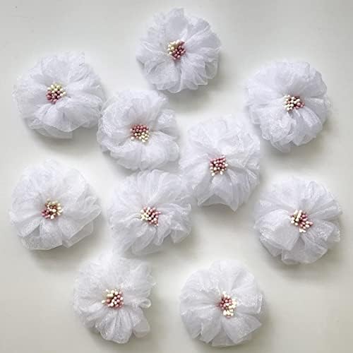 Qililandiy 10 бр., 5,5 см, изкуствени цветя, панделки от лента от органза, цветя апликация за украса на сватбени