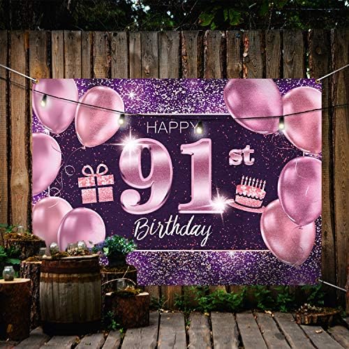 Банер PAKBOOM Happy 91st Birthday Background - 91 Аксесоари за парти по случай рождения Ден на Жените - Розово Лилаво Златен 4 x 6 метра