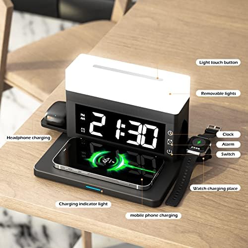 ERSZOO alarm clock Безжично зарядно устройство 15 W за Бързо Безжично Зарядно Устройство Qi с Подвижна Ночником за iPhone 14/13/12/11/Pro/Max/XS/XR/X/8 / 8 Plus Pro Airpods/3/2/1 & iwatch