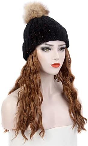 модерна дамска шапка за коса, една черна вязаная шапка, перука, дълга къдрава кестен перука и шапка, една