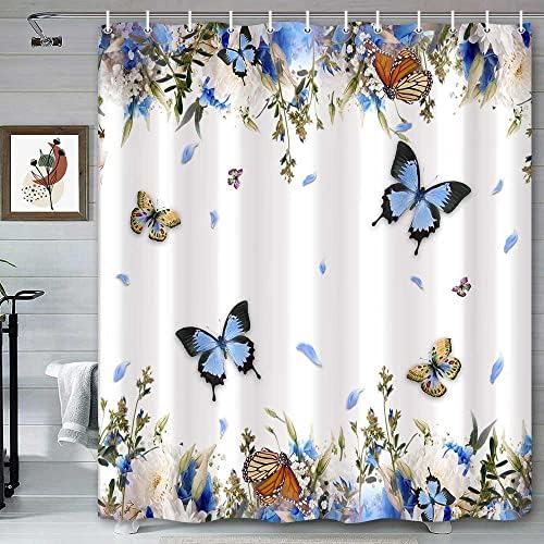 Coveimes Пролетта Завеси за душ в банята с цветен Модел, Светло Сини Пеперуди, Бяло и Синьо Цвете, Ботанически