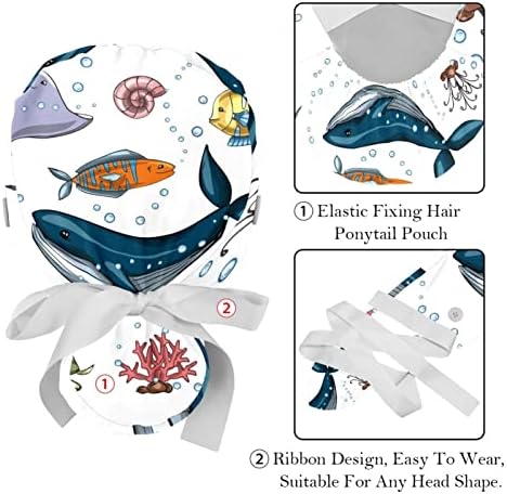 Медицински Шапки за жени с Бутоните за дълга Коса, Регулируема Работна Шапчица от 2 теми, Своеобразна Колекция Sea Animals
