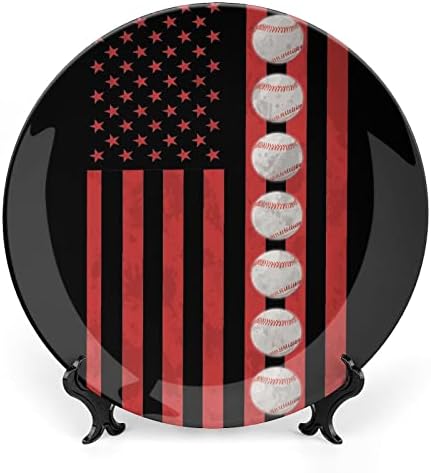 Бейзболен Флаг на САЩ Декоративна Чиния Кръгла Керамична Чиния от Костен Порцелан със Стойка за Дисплей за Вечерни Сватбен Декор