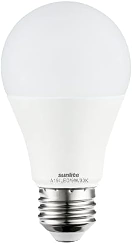 Стандартна битова лампа Sunlite 80793 LED A19, 9 W (еквивалент на 60 W), На 800 Лумена, Средна база (E26), с регулируема яркост е в списъка на UL, Energy Star, 90 CRI, Title 20, топъл бял 3000 До 1 броене