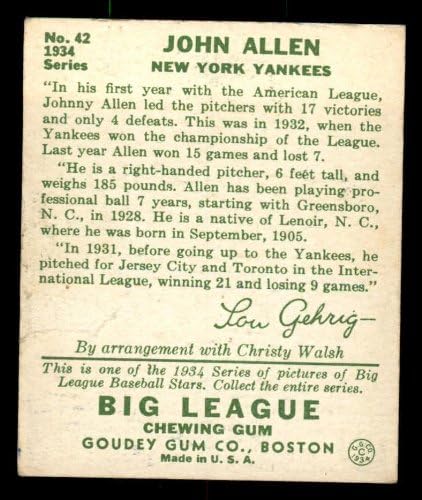 1934 Гуди 42 Джони Алън Ню Йорк Янкис (Бейзболна картичка) ЛОШ Янкис
