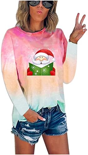Дамски Есенни Блузи Контрастен Цвят С Коледа, Hoody с Деколте Лодка, Общ Пуловер, Блузи за Жени
