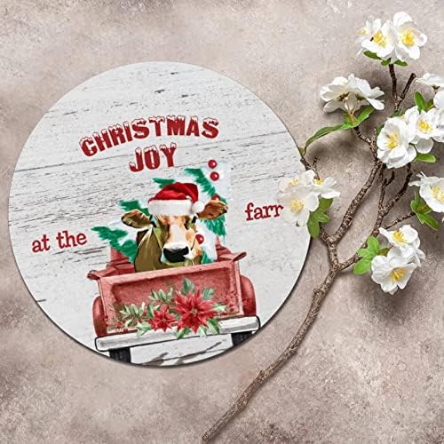 Кръгла Метална Лидице Табела с Надпис Коледна Радост във Фермата-Крава И Камион Селски Табела на Вратата на Стаята Ретро