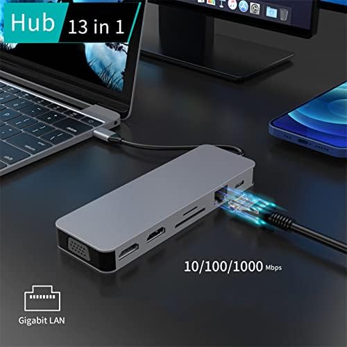 USB-Хъб, Хъб USB C, USB Адаптер, 13 в 1 C USB Хъб Type C за VGa с Двойно Мултимедиен интерфейс с HD, Gigabit Ethernet Порт, Зарядно с 4 USB Порта на лаптопа