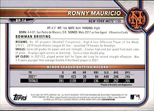Перспективи Боумена 2022 BP-16 Бейзболна картичка Рони Mauricio Ню Йорк Метс МЕЙДЖЪР лийг бейзбол