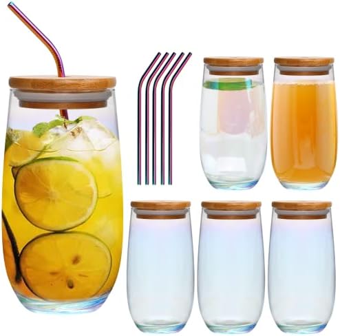 Комплект от 6 чаши за хайбола Ufrount, Високи Стъклени Чаши за пиене с Капаци и соломинками, 16 унции, Преливащи Стъклени Чаши