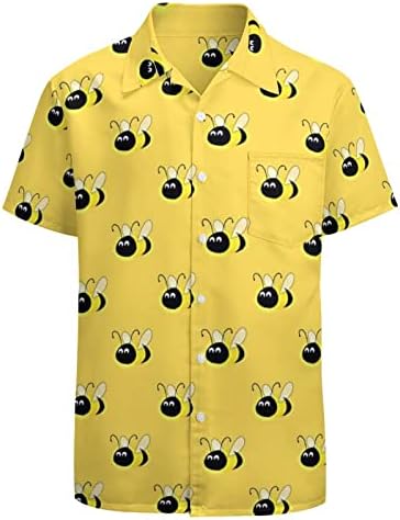 Мъжки Хавайска Риза с шарени Жълти Пчели, Оборудвана Топ Копчета С Къс ръкав и Джоб, Забавен