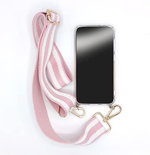 Прозрачен калъф за iPhone 13 Pro с Регулируема каишка за телефон от розово-бяла кърпа