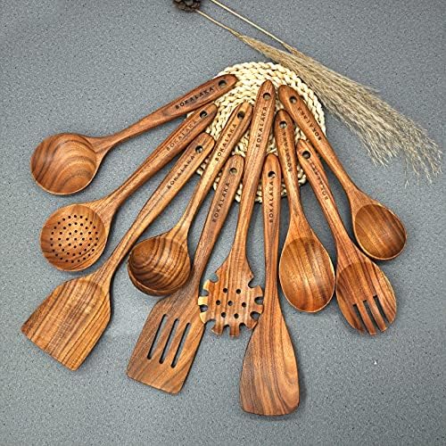 Дървени лъжици за готвене,10 бр Набор от Кухненски Прибори от Естествен Тиково дърво, Дървена Посуда за приготвяне на храна