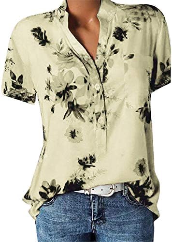 Andongnywell / Дамски Ризи с копчета, Ежедневни Блузи с Къс ръкав и V-образно деколте, Големи Размери, Тениски с Принтом