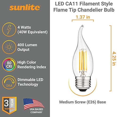 Лампа за полилеи Sunlite 41075 с led конци CA11 Flame Съвет, 4 W (Еквивалент на 40 W), Среден Цокъл E26, Прозрачно стъкло, с регулируема яркост, по-Топъл бял 2700 К, 6 Бр. В опаковката