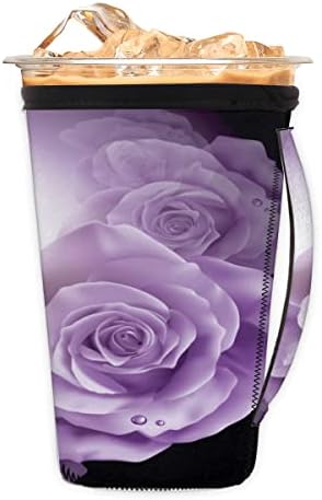 Многократно Кафе ръкав Purple Flowers с цветен модел и дръжка от неопрен за напитки, кафе лате, Чай, Напитки, Бира (Голям 30-32 унция)