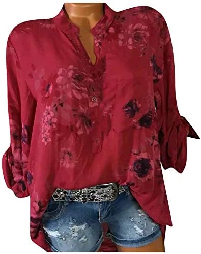 Дамски Блузи с дълъг ръкав и Принтом, Модни и Ежедневни Тениска с Флорални Принтом В Горната Пуговице с V-Образно