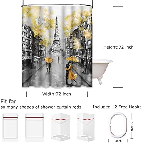 Завеса за душ Emvency Живопис с маслени бои Париж Европейския силуета на Франция-Айфеловата Кула в Черно и Бяло, и Жълто Модерна