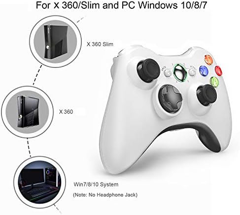 Безжичен контролер VOYEE, съвместим с Microsoft Xbox 360 Slim /PC на Windows 10/8/7, с Подобрени джойстик /двоен амортизатором (бял)
