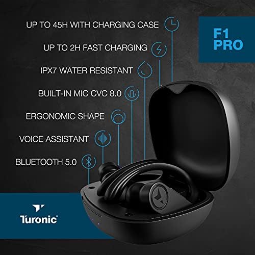 Turonic F1 Pro - Истински безжични слушалки - Време на възпроизвеждане 45 часа, калъф за зареждане, микрофон, Водоустойчив