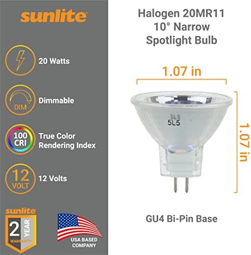 Sunlite 03165 Халогенна лампа MR11 с тесен лъч 10 °, 20 W, 12 Волта, 2-пинов цокъл (GU4), с регулируема яркост, 100 CRI,