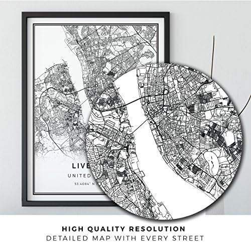 Квадратен Плакат с карта на Ливърпул | Модерна Черно-бяло Стенно Изкуство | Скандинавски Декор За Дома |