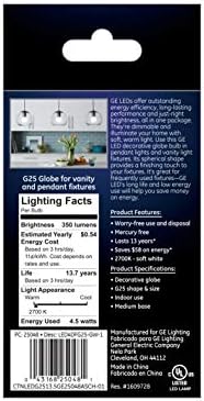 Декоративна лампа на GE Lighting 25048 Finish с регулируема яркост на LED G25 с декоративен топка 4,5 (подмяна на 40 W), с Energy Star, средна база на 350 лумена, 1 брой (опаковка от 1), Матово-б?