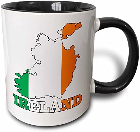 3dRose кружка_63165_4 Знаме на Република Ирландия на оформяне на картата на страната и името на Ирландия в два цвята Черна чаша, 11 грама, многоцветен