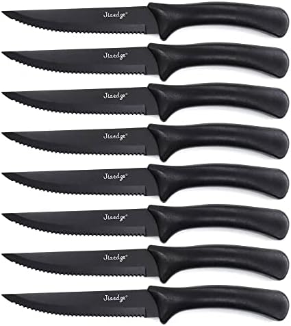 Комплект Ножове за стек Jiaedge от 8 броя Назъбени Ножове за Стек, Набор от Матирана Черни Ножове За Стек, Набор