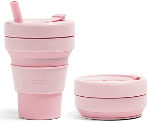 Сгъваем пътен чашка Stojo с соломинкой - Розовият карамфил, 16 унции / 470 мл - Множество силиконовата бутилка джобен размер