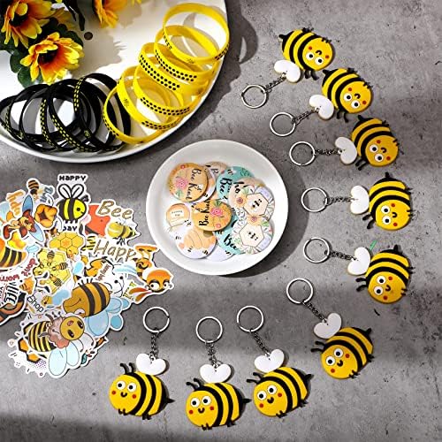 Сувенири, за партита с пчели, Сладък Ключодържател с пчели, Жълти и черни Еластични Силиконови гривни с пчели, Етикети